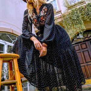 Bohemian Maxi Dress ~ Romantic 70’s inspired Festival Dress ~NWT Black/Multi ~ M